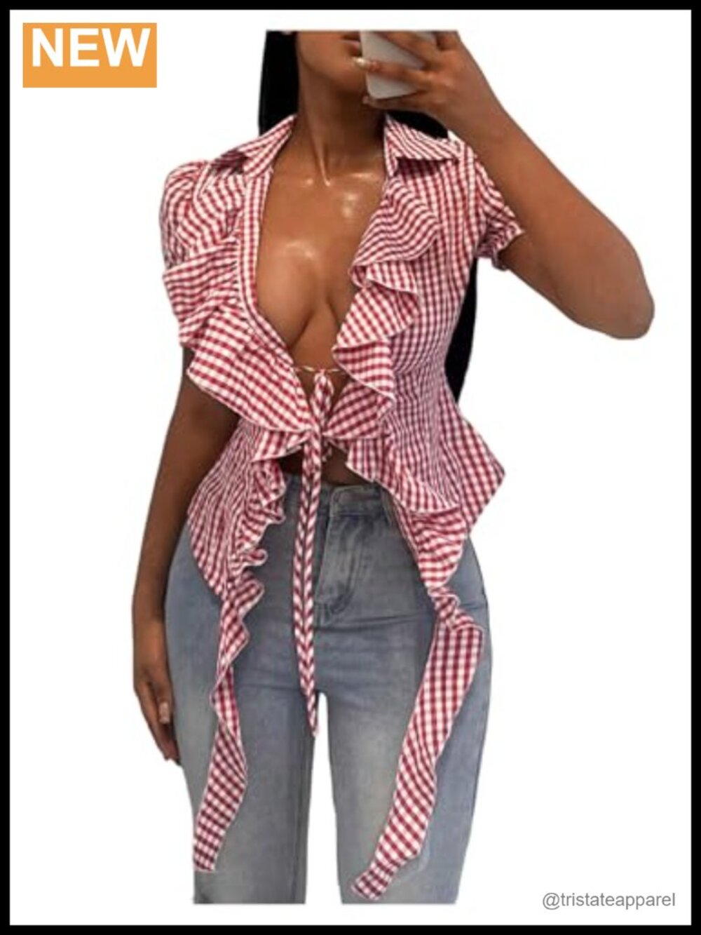 WDIRARA Women's Gingham Plaid Ruffle Collared V Neck Short Sleeve Asymmetrical